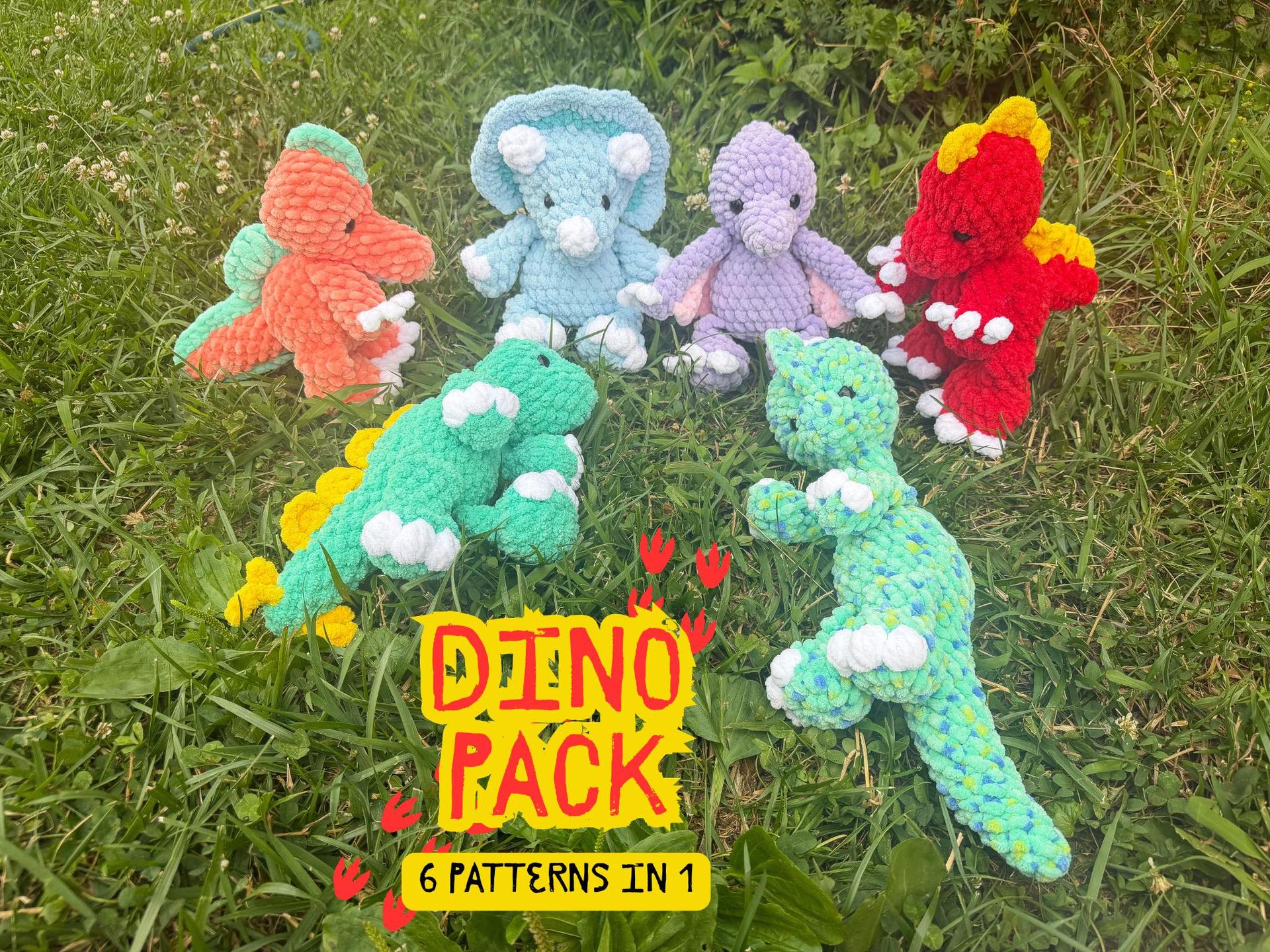DINO PACK | dinosaur crochet pattern, 6-in-1 pdf, low sew, no sew, pterodactyl, spinosaurus, stegosaurus, t. rex, tricer