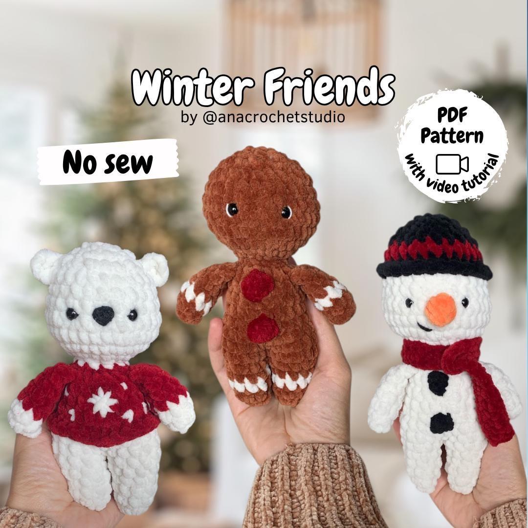 Winter Friends Crochet Pattern: Polar Bear, Snowman, Gingerbread Man (No Sew PDF)