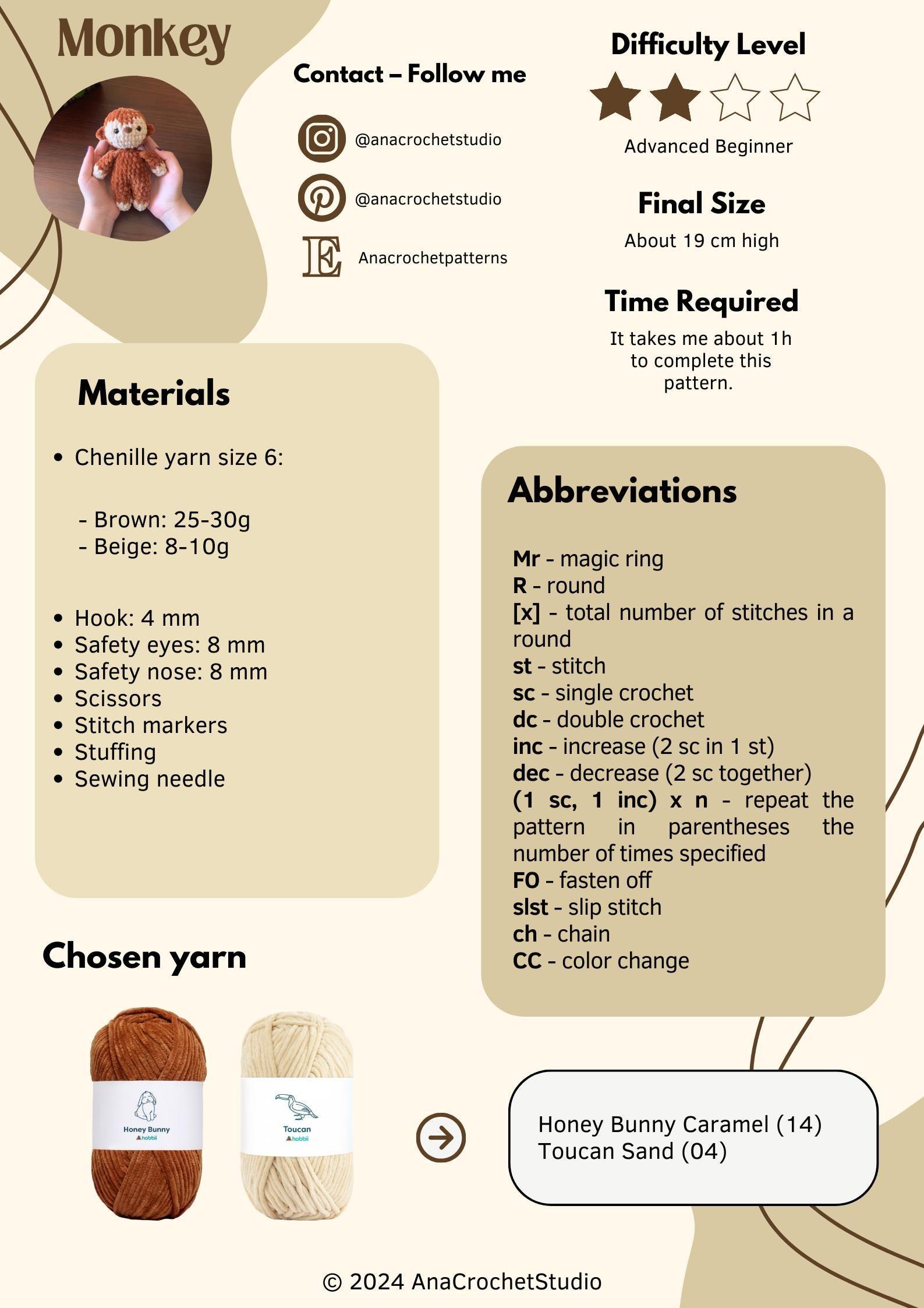 Monkey Crochet Pattern No Sew – Beginner Amigurumi Plush Toy PDF, Easy Cute Animal thumbnail 2