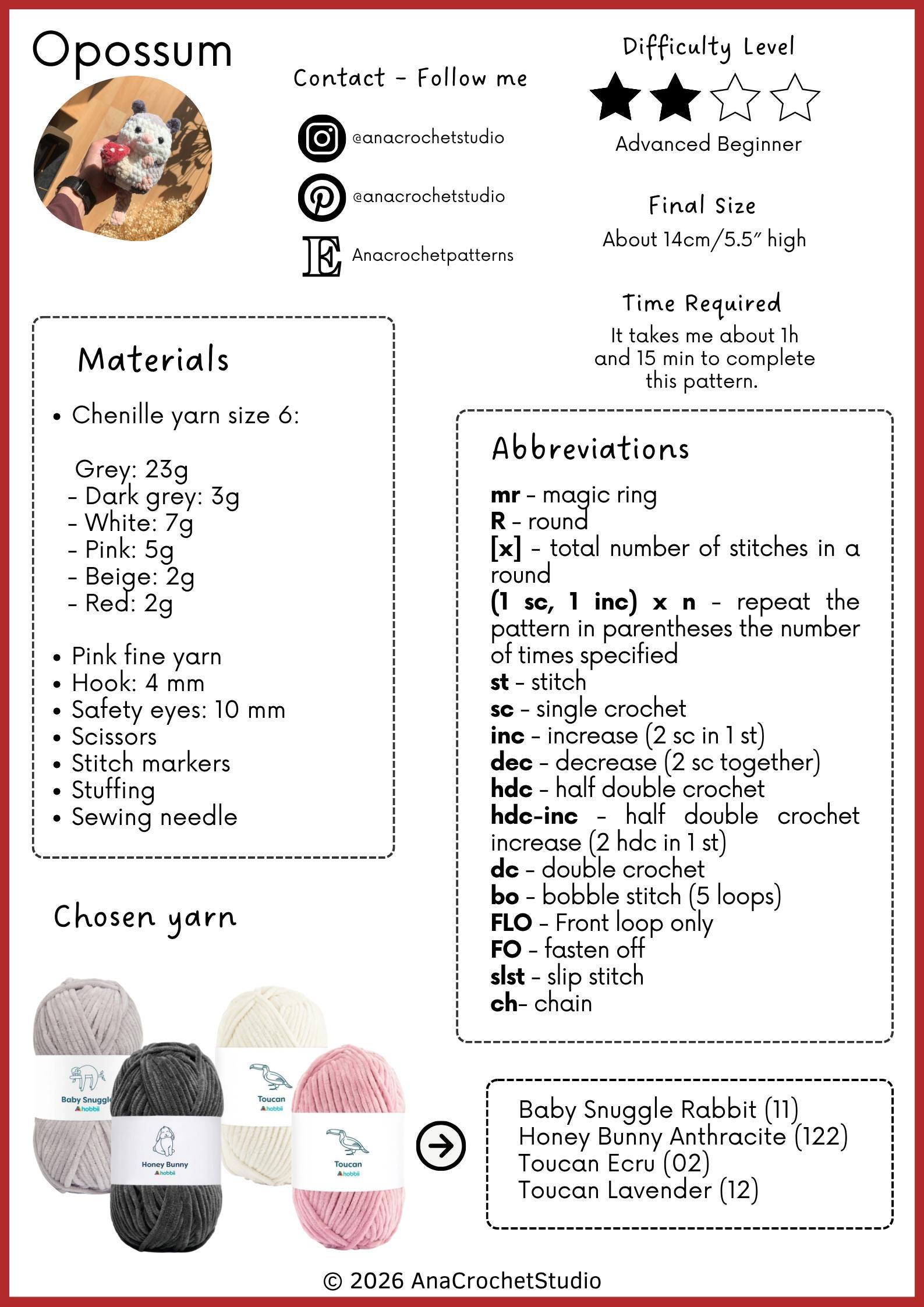 Fox and Opossum Low sew PDF Crochet pattern Chubby Amigurumi thumbnail 2