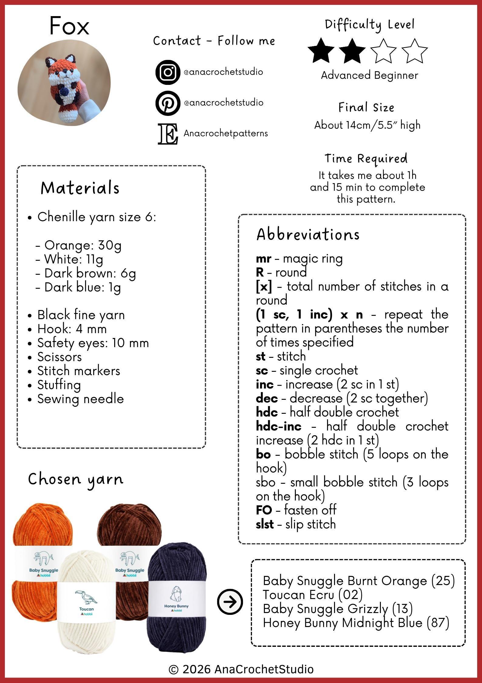 Chubby Fox Low sew PDF Crochet pattern Amigurumi thumbnail 2