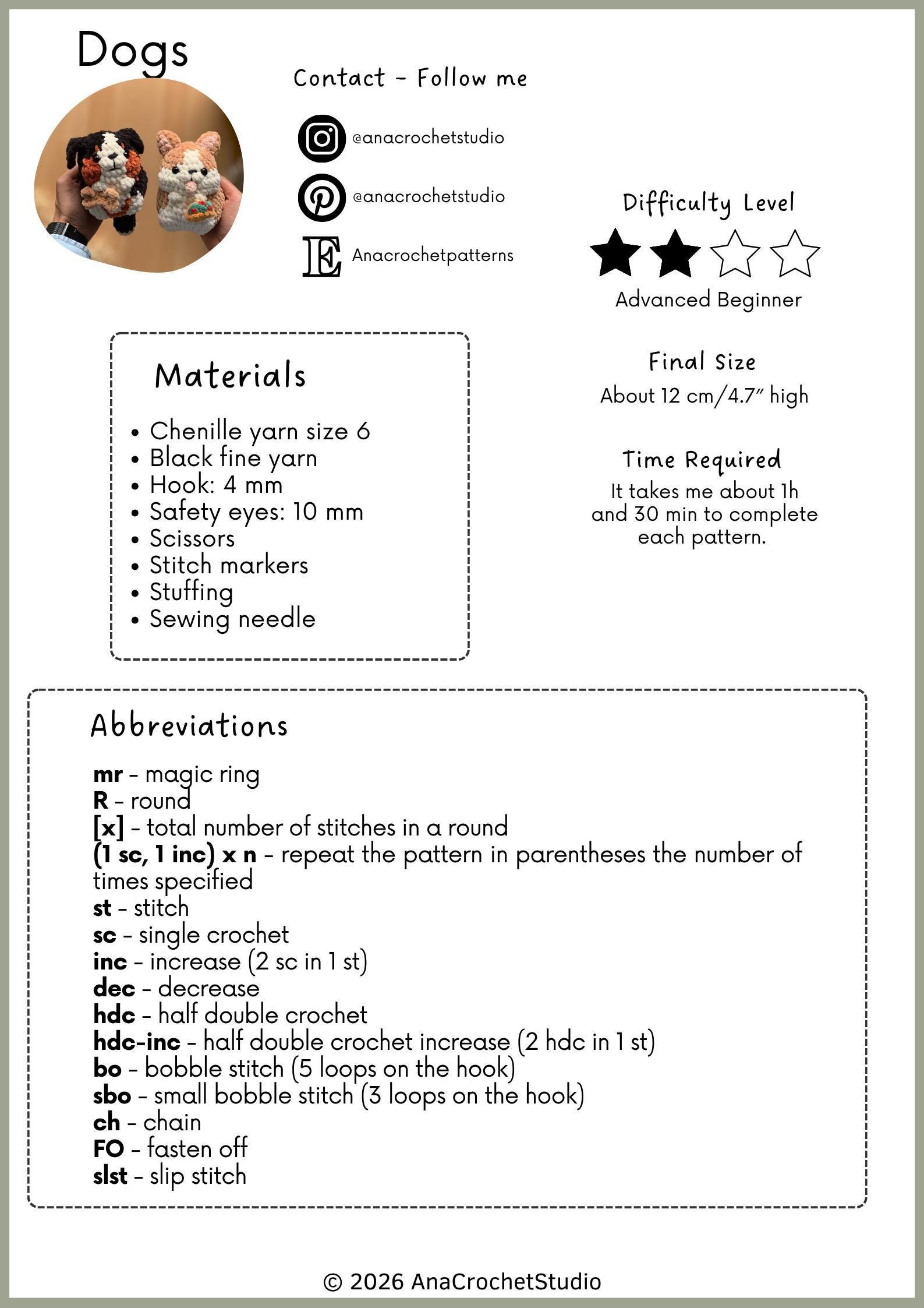 Chubby Dogs Low sew PDF Crochet pattern Amigurumi: Welsh Corgi and Bernese Mountain thumbnail 2