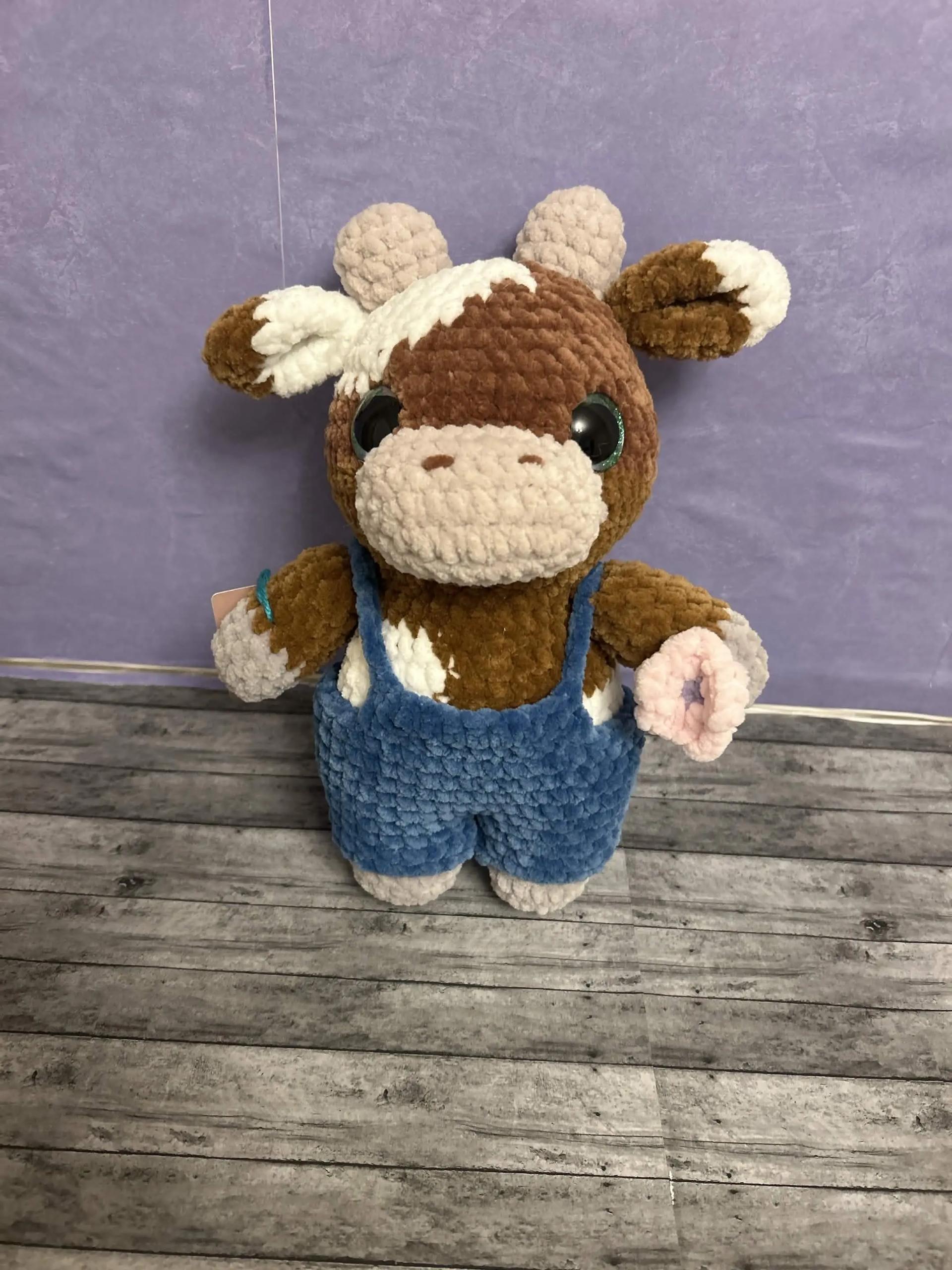 Handmade Crochet Cow in overalls
